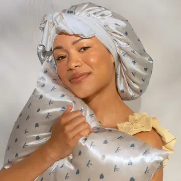 Oversized Satin Bonnet - Pearlized Cream & Coastal Blue Print