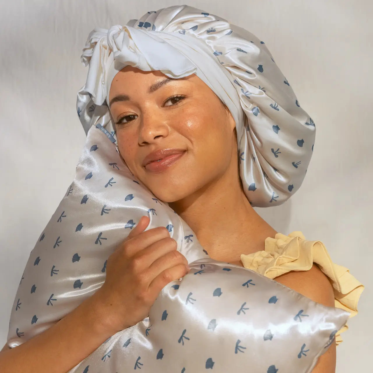 Standard Satin Pillowcase - Pearlized Cream & Coastal Blue Print